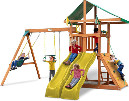 Gorilla Playsets 01-1075-Y Outing Wood Swing Set with Wood Roof and Twister Tube Slide - Yellow Slides, Amber