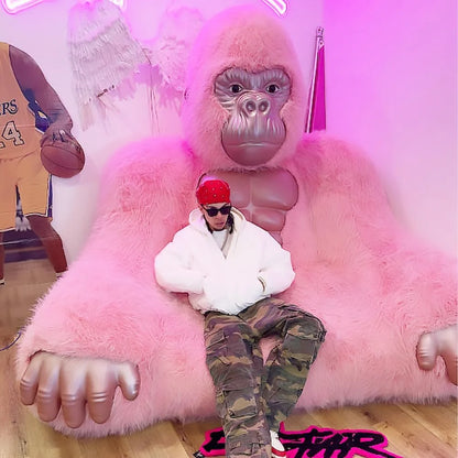 Giant Inflatable Gorilla Couch Blow Up Gorilla Sofa Furry Plush Orangutan Furniture for Lounging, Gaming or Movie Nights (Pink)