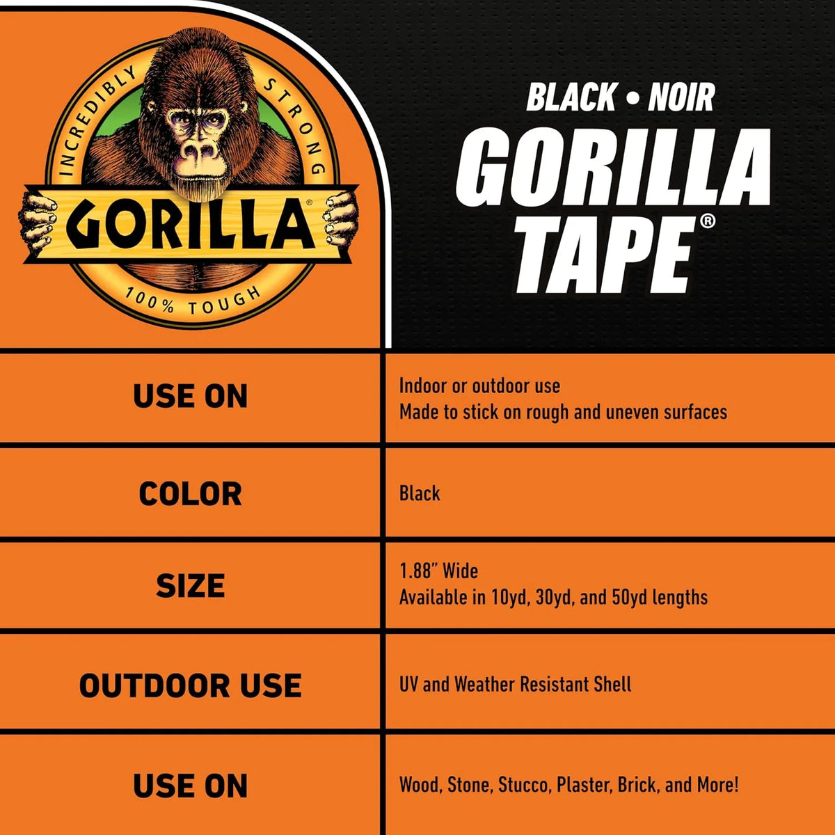 GORILLA Heavy Duty Duct Tape, Black, 1.88" x 50 yd, 1-Pack