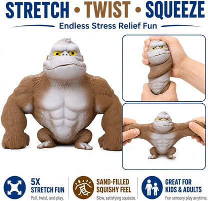 Stretchy Gorilla Fidget Toy, 5X Stretch Gray Gorilla Squeeze Toy, Sand Filled Squishy Stress Relief Toy for Kids & Adults, Fun Desk Toy, Ages 3+