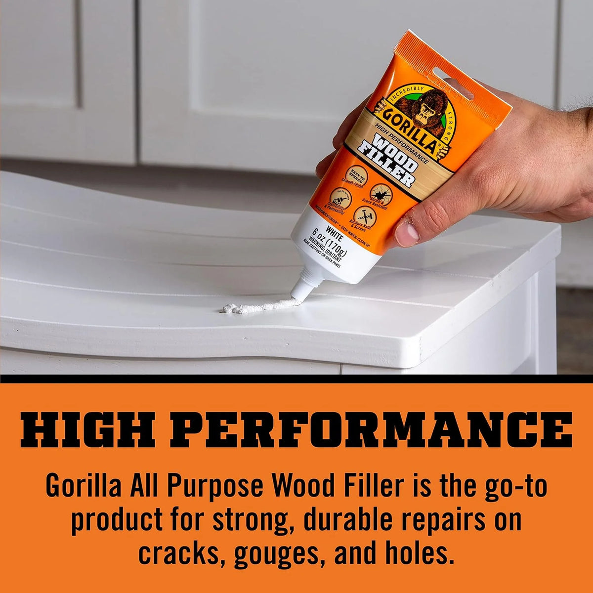 Gorilla Wood Filler, Water Resistant, White, 6 oz Tube, 2-Pack