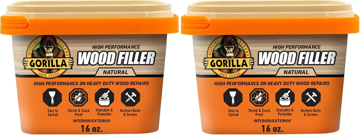 Gorilla All Purpose Wood Filler, Natural Finish, 16 Ounce Tub (Pack of 4) - Water Resistant for Indoor or Outdoor Projects and Repairs