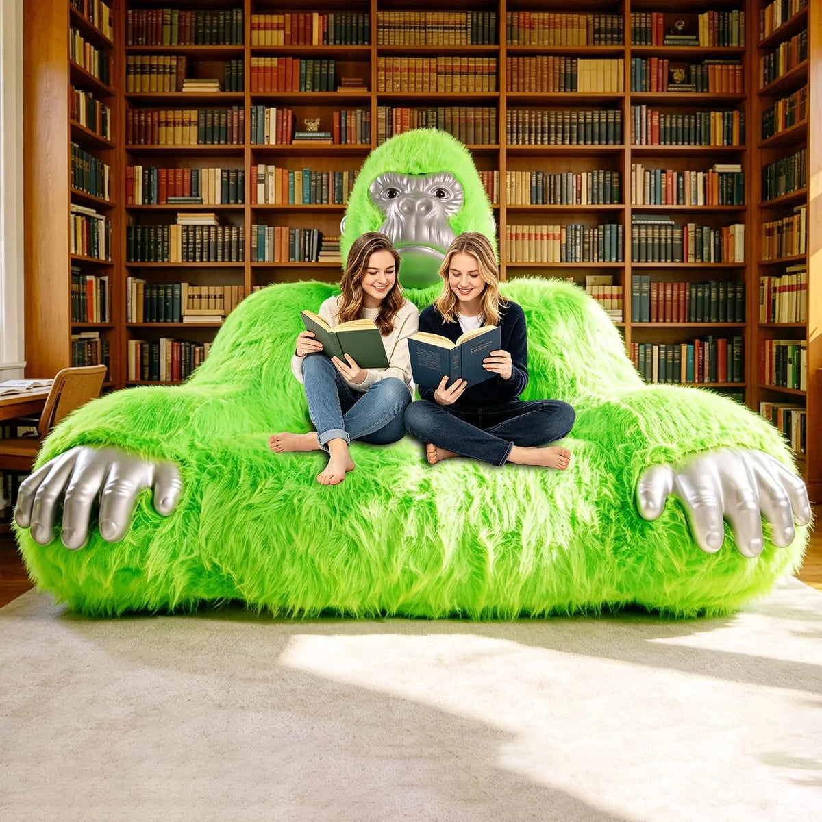 Giant Inflatable Gorilla Couch Blow Up Gorilla Sofa Furry Plush Orangutan Furniture for Lounging, Gaming or Movie Nights (Pink)