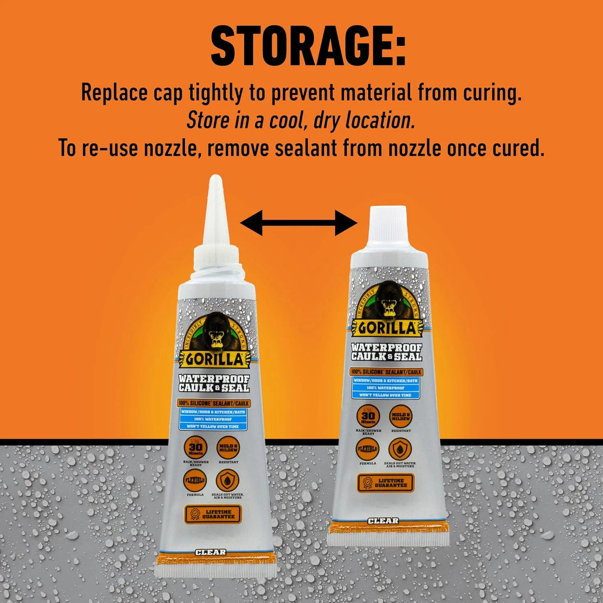 Gorilla 100% Silicone Caulk, 2.8 oz, 10 Year Mold Resistant, Clear, 2-Pack
