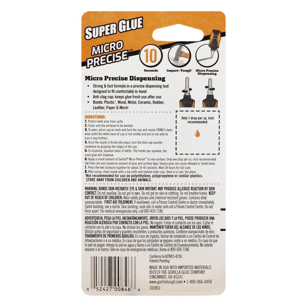 Gorilla Micro Precise Super Glue Gel, Clear, Cyanoacrylate, 5.5g, 2-Pack