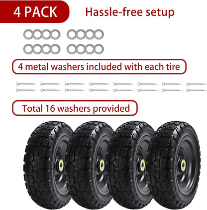 10" Flat Free Tires (4-Pack), 4.10/3.50-4 Solid Rubber Wheels for Gorilla Carts, Garden Wagons, Wheelbarrows & Utility Carts - 5/8" Axle Bore, 2.1" Offset Hub, Heavy Duty No-Flat Replacement