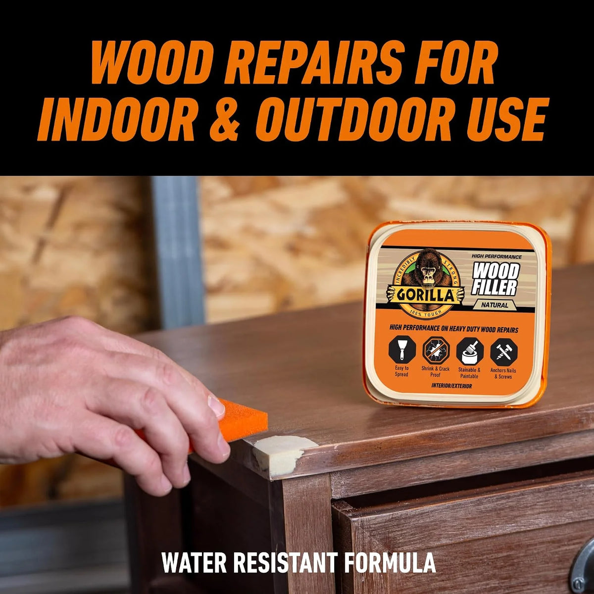 Gorilla All Purpose Wood Filler, Natural Finish, 16 Ounce Tub (Pack of 4) - Water Resistant for Indoor or Outdoor Projects and Repairs
