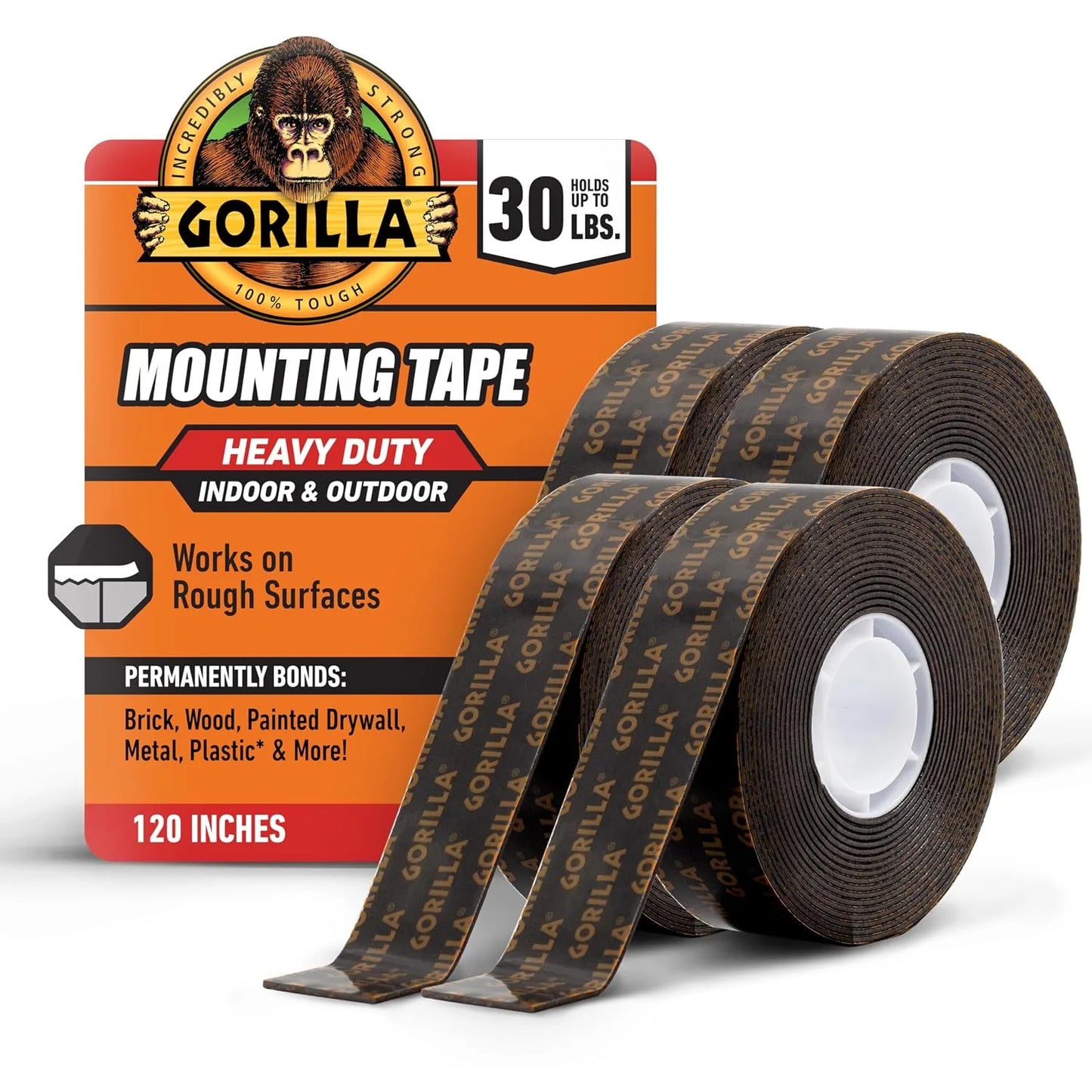 GORILLA Heavy Duty Double Sided Mounting Tape, Black Tape, 1" x 120" (Pack of 6) - Weatherproof for Indoor or Outdoor