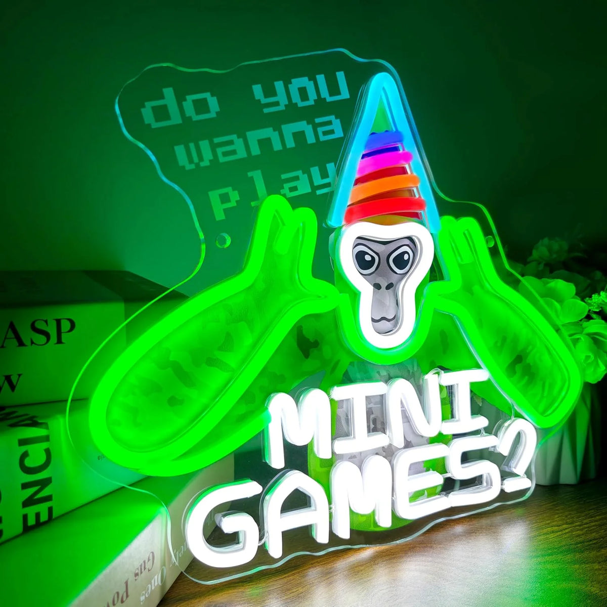 Do You Wanna Play Mini Games? Neon Sign Fun Gaming LED Art for Game Rooms Decor Cute Monkey with Party Hat Sign for Mini Game Fans Night Lights for Bedroom Party Kids Room Wall Decor