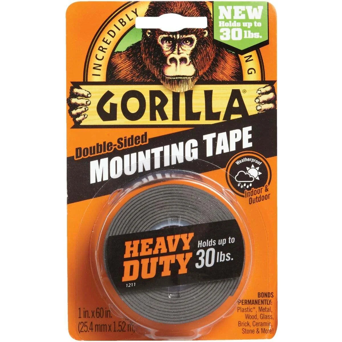 GORILLA Heavy Duty Double Sided Mounting Tape, 1" x 60", Black, 2-Pack