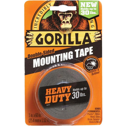 GORILLA Heavy Duty Double Sided Mounting Tape, 1" x 60", Black, 2-Pack