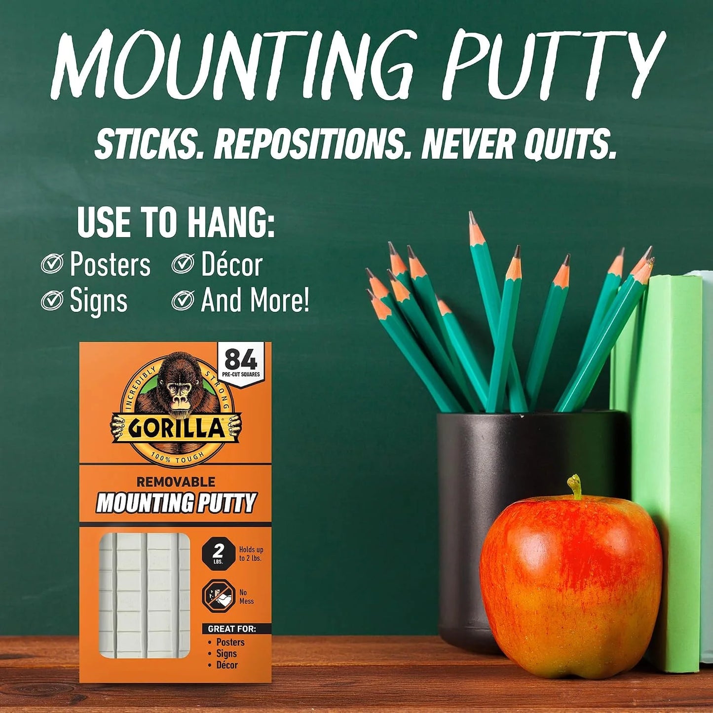 Gorilla Mounting Putty, Natural Tan Color, 168 Pre-Cut Squares, 2-Pack