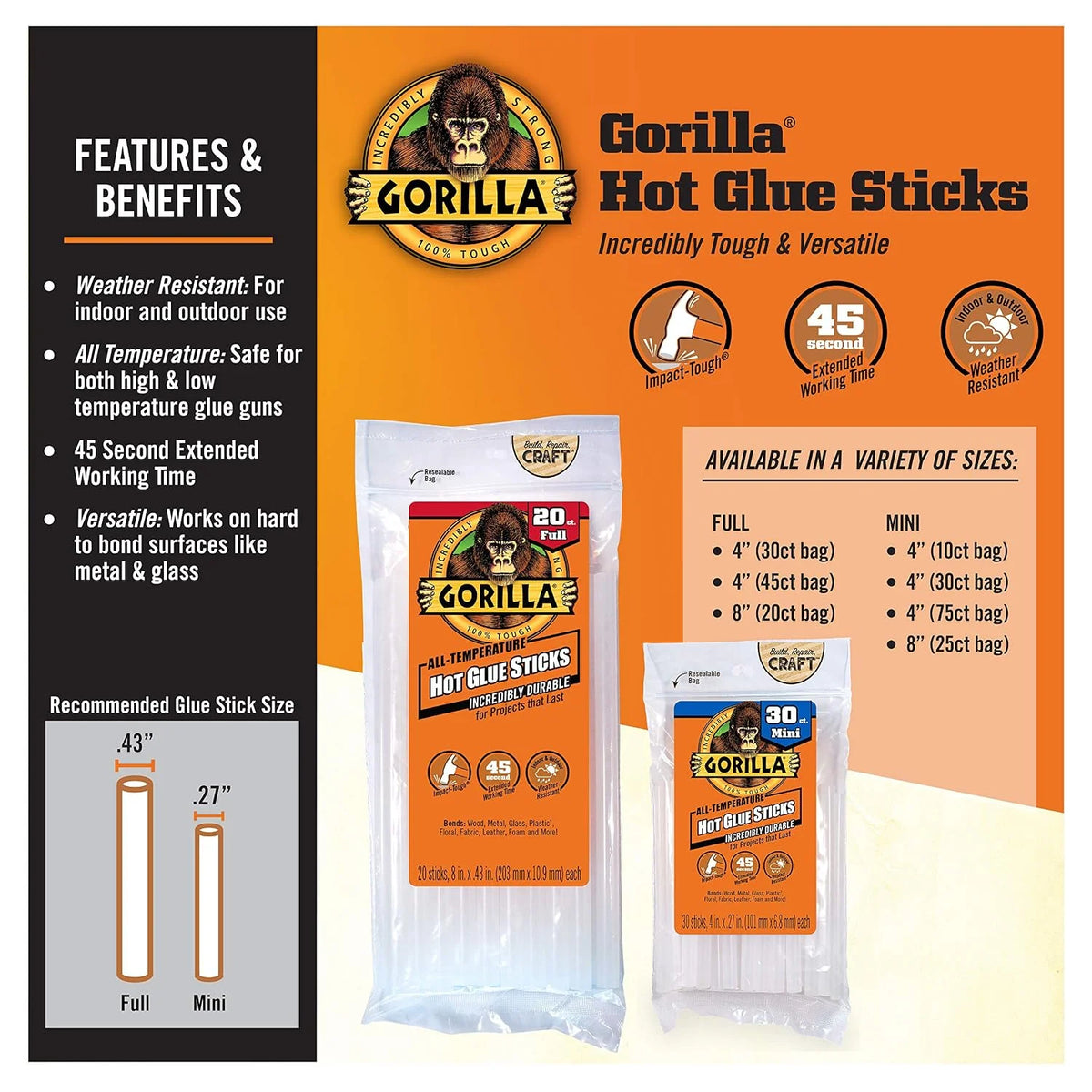 Gorilla Hot Glue Sticks, Clear Glue, Full Size 4" Long x 0.43" Diameter, 45 Count (Pack of 4) - Safe for All Temperatures with Extended Working Time