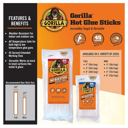Gorilla Hot Glue Sticks, Clear Glue, Full Size 4" Long x 0.43" Diameter, 45 Count (Pack of 4) - Safe for All Temperatures with Extended Working Time