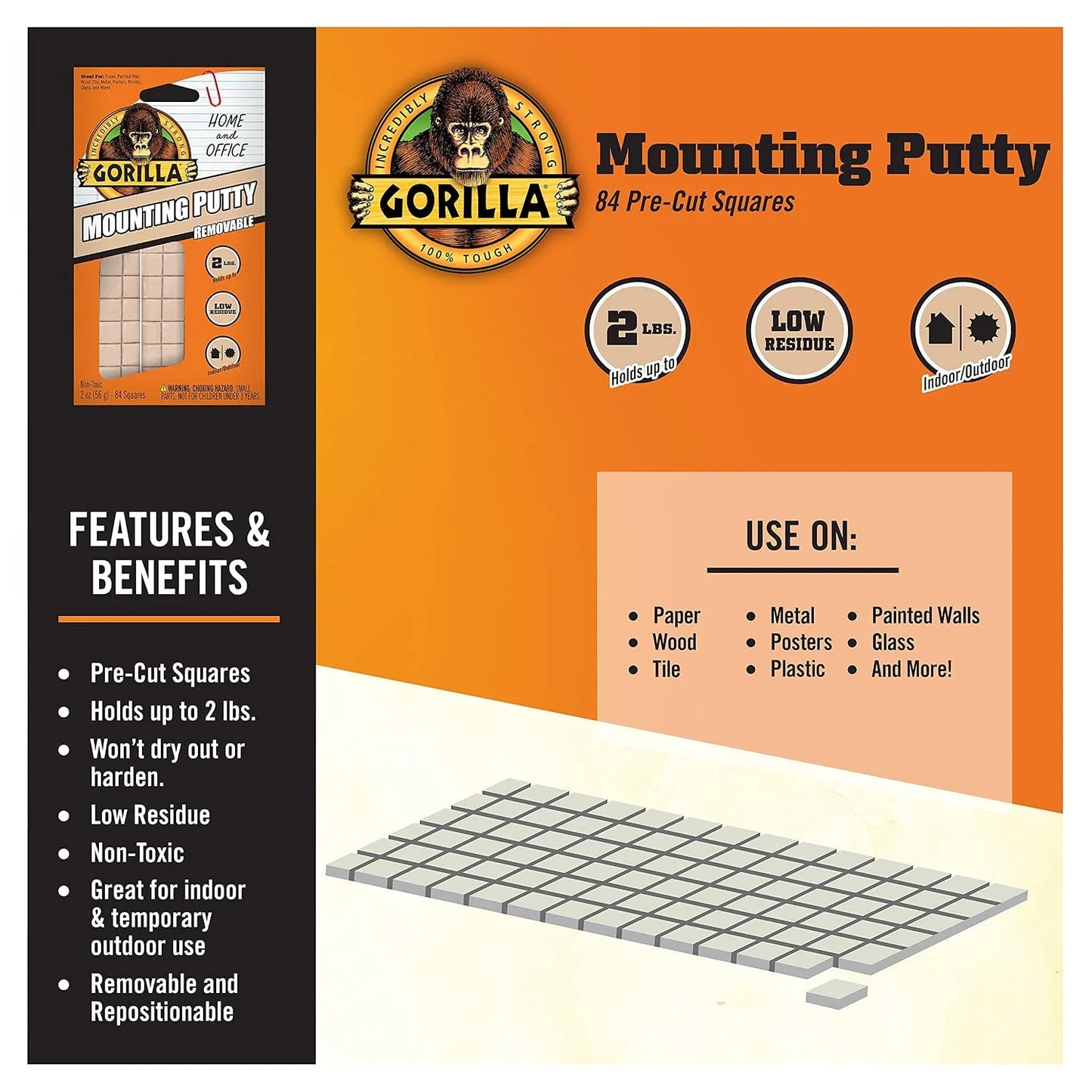 Gorilla Mounting Putty, Natural Tan Color, 168 Pre-Cut Squares, 2-Pack