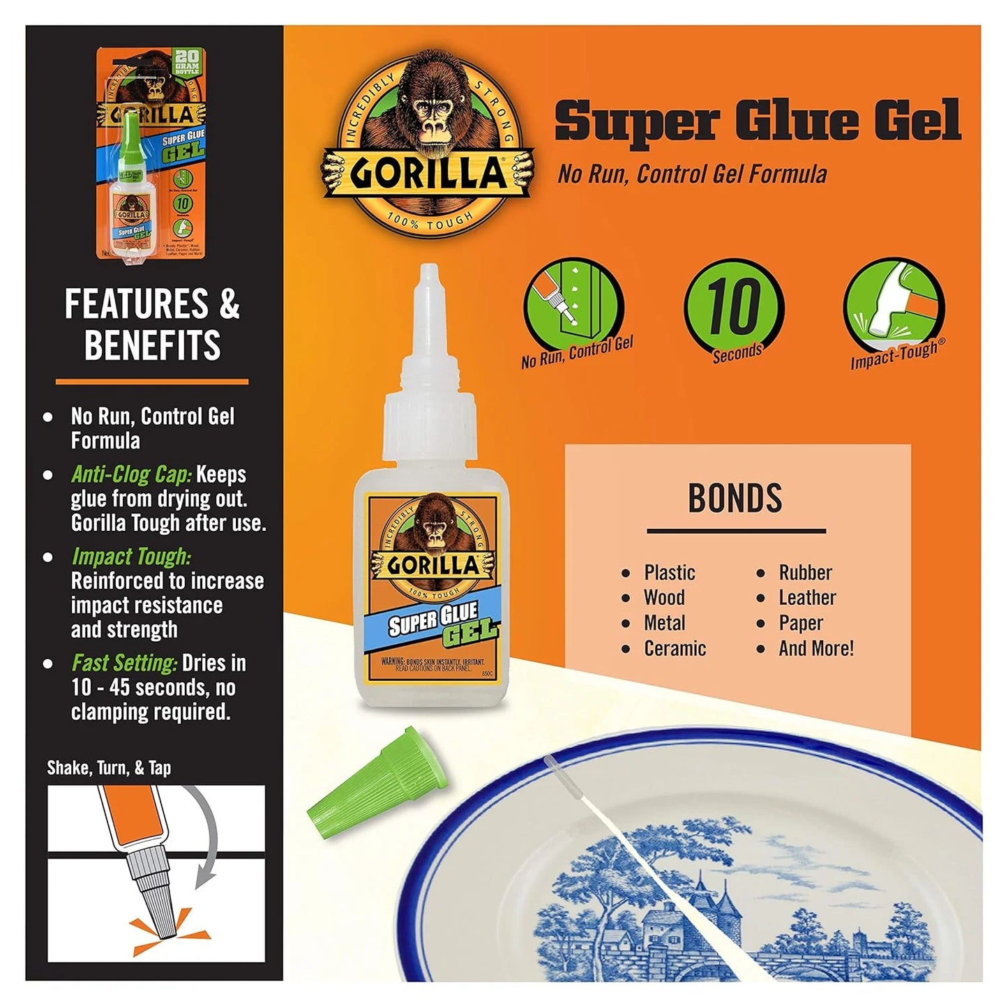 Gorilla Super Glue Gel, Clear, 20 g, 2-Pack, All Purpose, Fast Setting