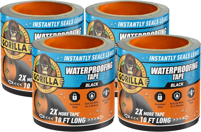 Gorilla Waterproof Patch & Seal Tape, Black Tape, 4" x 10' (Pack of 4) - Permanent Weather Resistant Seal for Leaks and Repairs