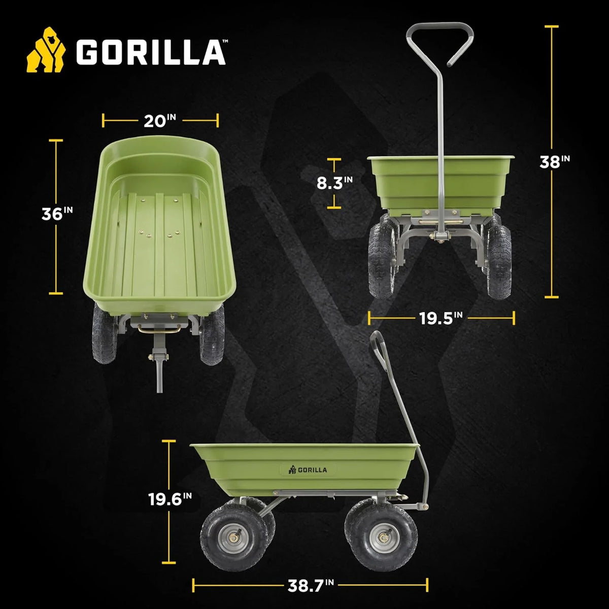 Gorilla Carts Poly Dump Cart, 800 lb. Capacity, 5 Cu Ft, Gray