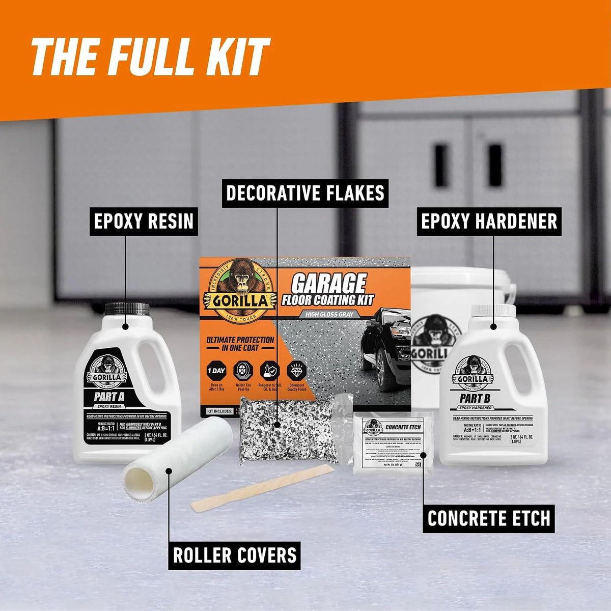 Gorilla Epoxy Garage Floor Coating Kit, 7 Pieces, 1-Car, Black Finish