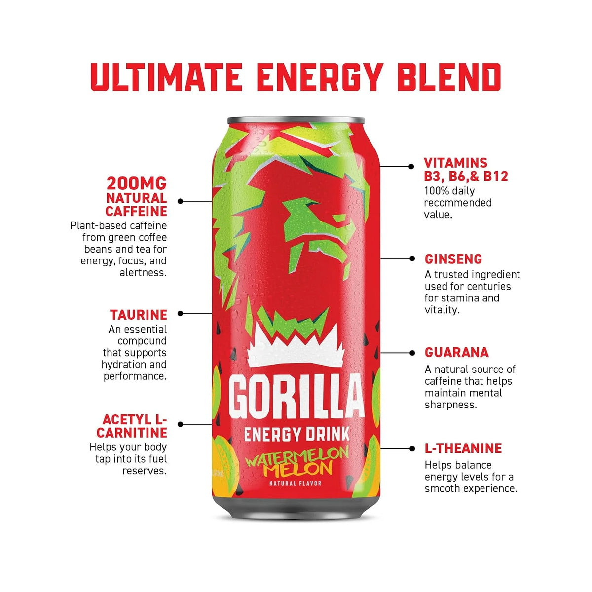 Gorilla Energy Drink, Cherry Berry, 200mg Plant-Based Caffeine, 12 Pack