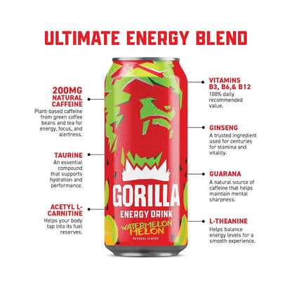 Gorilla Energy Drink, Cherry Berry, 200mg Plant-Based Caffeine, 12 Pack