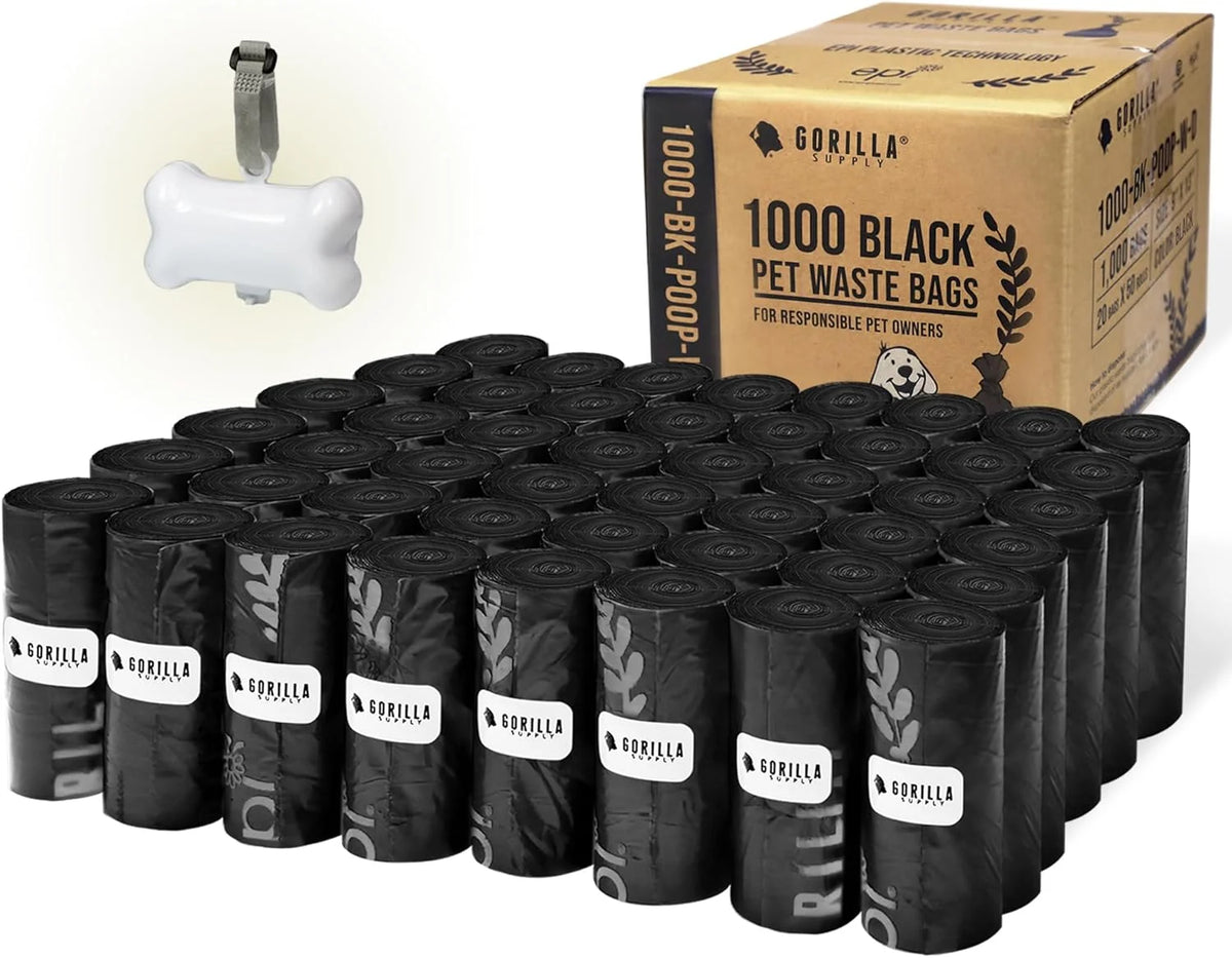 GORILLA SUPPLY 1000 multicolor poop bags for dogs with Dispenser and Leash Tie, 9" x 13", Mixed