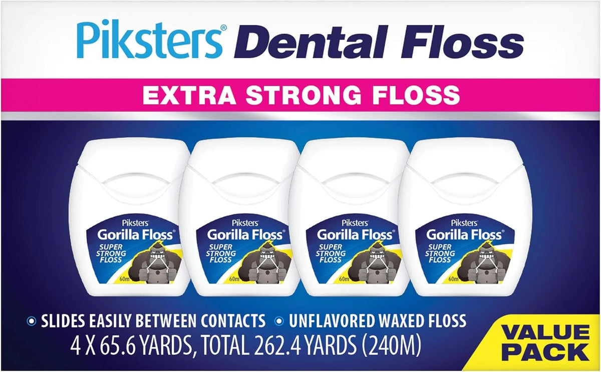 Piksters Gorilla Floss 4 Pack Extra Strong Dental Floss for Plaque Removal