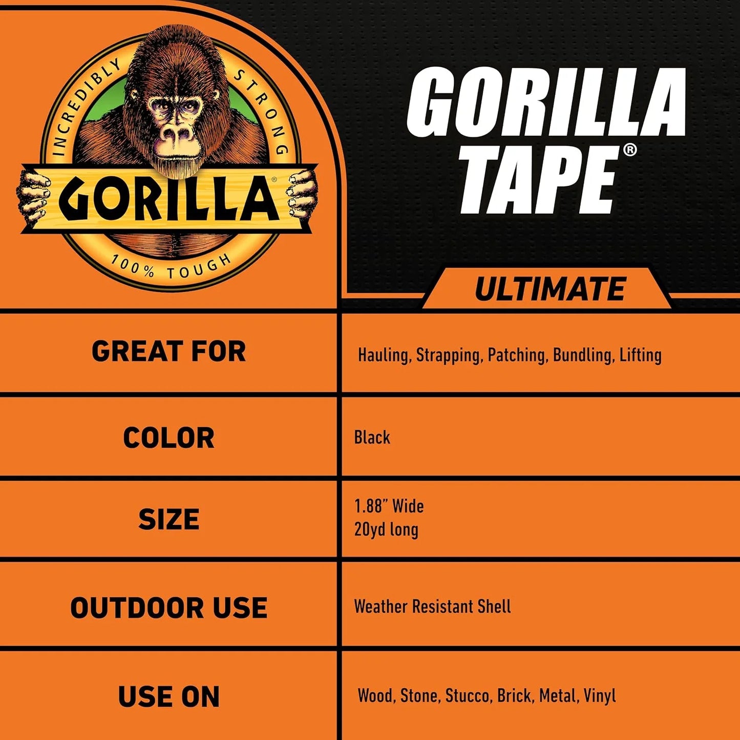 Gorilla Ultimate Tape, High Tensile Cloth with Double-Thick Adhesive for Hauling, Strapping, Patching, Bundling, Lifting, 1.88" x 20yd, Black (Pack of 5)
