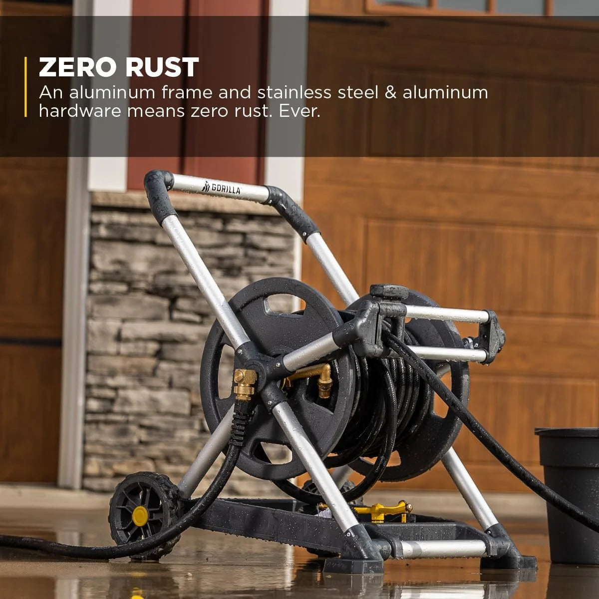 Gorilla GRS-200H Aluminum Garden Hose Reel, 200 Ft, No-Leak Brass Fittings