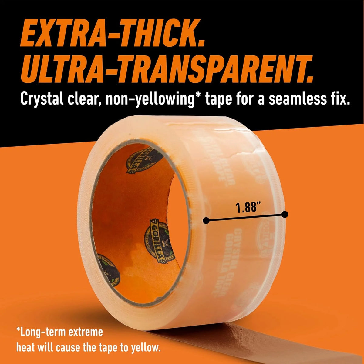 GORILLA Crystal Clear Tape, 1.88" x 18 yd, 2-Pack, Weather Resistant