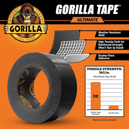 Gorilla Ultimate Tape, High Tensile Cloth with Double-Thick Adhesive for Hauling, Strapping, Patching, Bundling, Lifting, 1.88" x 20yd, Black (Pack of 5)