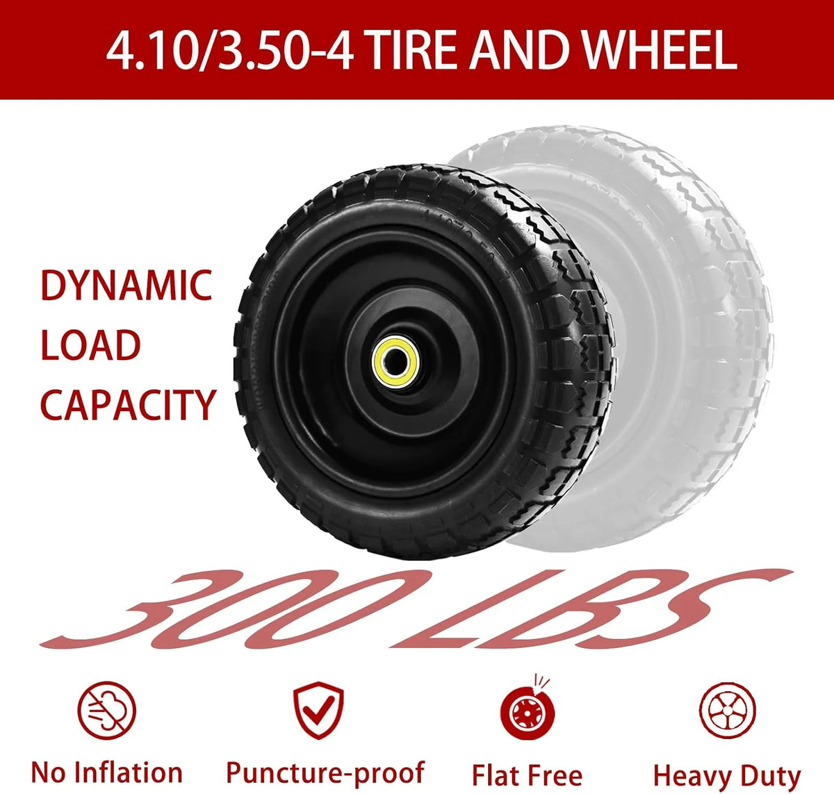 10" Flat Free Tires (4-Pack), 4.10/3.50-4 Solid Rubber Wheels for Gorilla Carts, Garden Wagons, Wheelbarrows & Utility Carts - 5/8" Axle Bore, 2.1" Offset Hub, Heavy Duty No-Flat Replacement