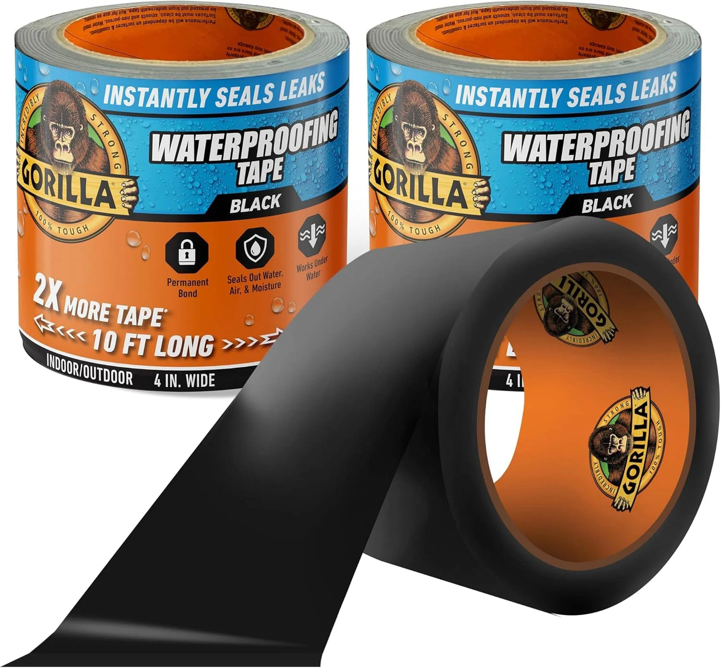 Gorilla Waterproof Patch & Seal Tape, Black Tape, 4" x 10' (Pack of 4) - Permanent Weather Resistant Seal for Leaks and Repairs