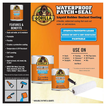 Gorilla Patch & Seal Liquid Rubber Waterproof Sealant, White, 32 Ounce (Pack of 6) - Seals Out Water, Air, and Moisture