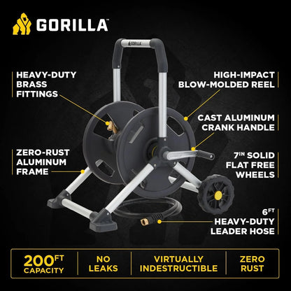 Gorilla GRS-200H Aluminum Garden Hose Reel, 200 Ft, No-Leak Brass Fittings