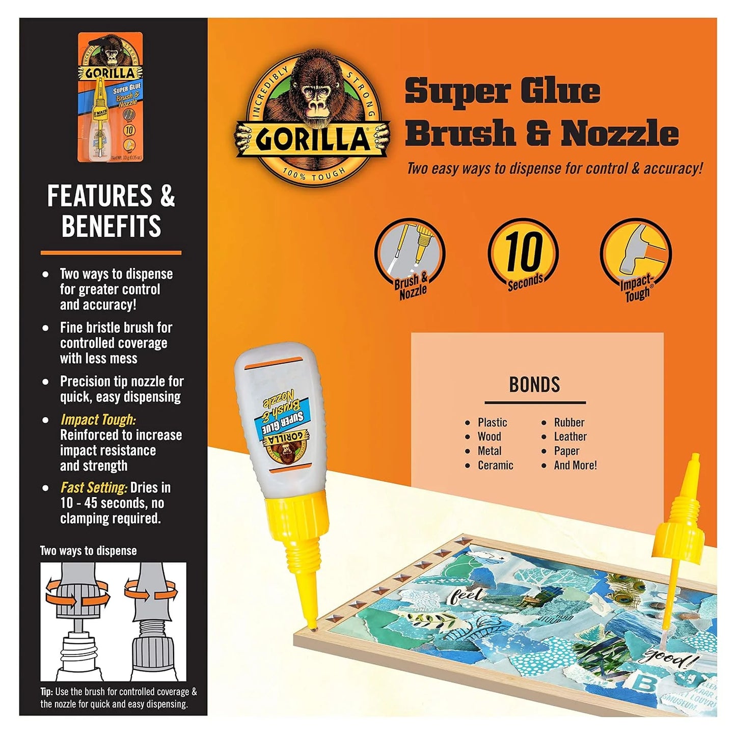 Gorilla Super Glue with Brush & Nozzle Applicator, Clear, 12 g, 2-Pack