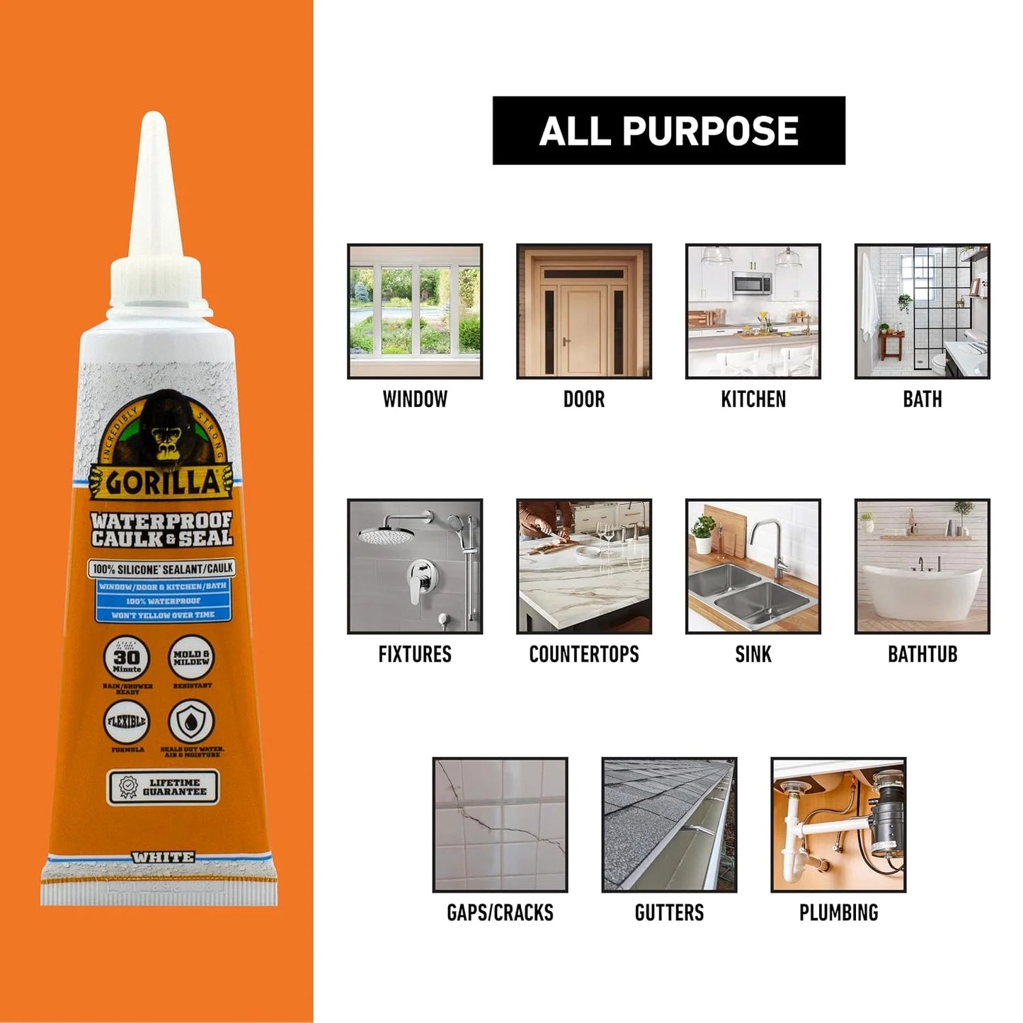 Gorilla 100% Silicone Caulk, 2.8 oz, 10 Year Mold Resistant, Clear, 2-Pack