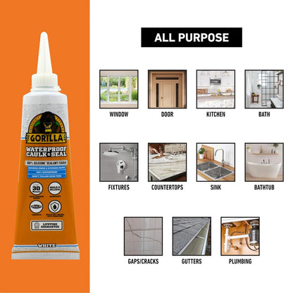 Gorilla 100% Silicone Caulk, 2.8 oz, 10 Year Mold Resistant, Clear, 2-Pack