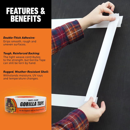 Gorilla Tape, White Duct Tape, 1.88" x 30 yd, White | (Pack of 12)