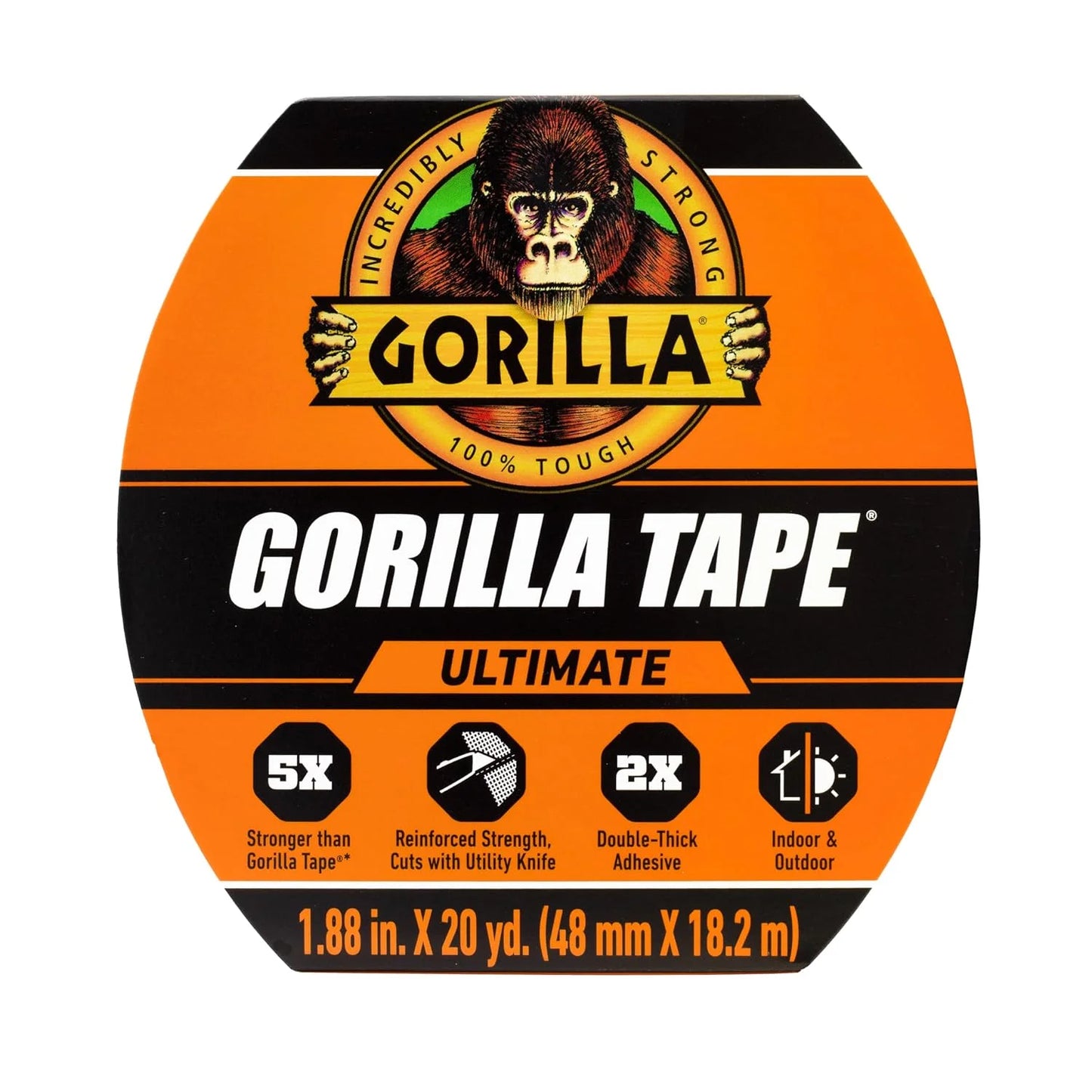 Gorilla Ultimate Tape, High Tensile Cloth with Double-Thick Adhesive for Hauling, Strapping, Patching, Bundling, Lifting, 1.88" x 20yd, Black (Pack of 5)