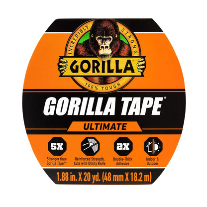 Gorilla Ultimate Tape, High Tensile Cloth with Double-Thick Adhesive for Hauling, Strapping, Patching, Bundling, Lifting, 1.88" x 20yd, Black (Pack of 5)
