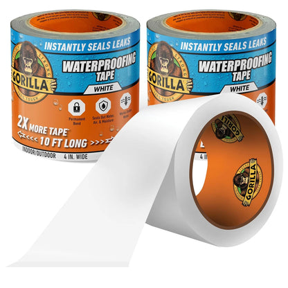 GORILLA Waterproofing Tape, Permanent Seal, White, 4" x 10', 2-Pack