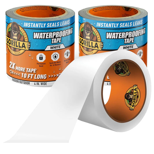 GORILLA Waterproofing Tape, Permanent Seal, White, 4" x 10', 2-Pack