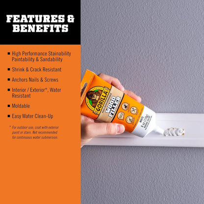 Gorilla Wood Filler, Water Resistant, White, 6 oz Tube, 2-Pack