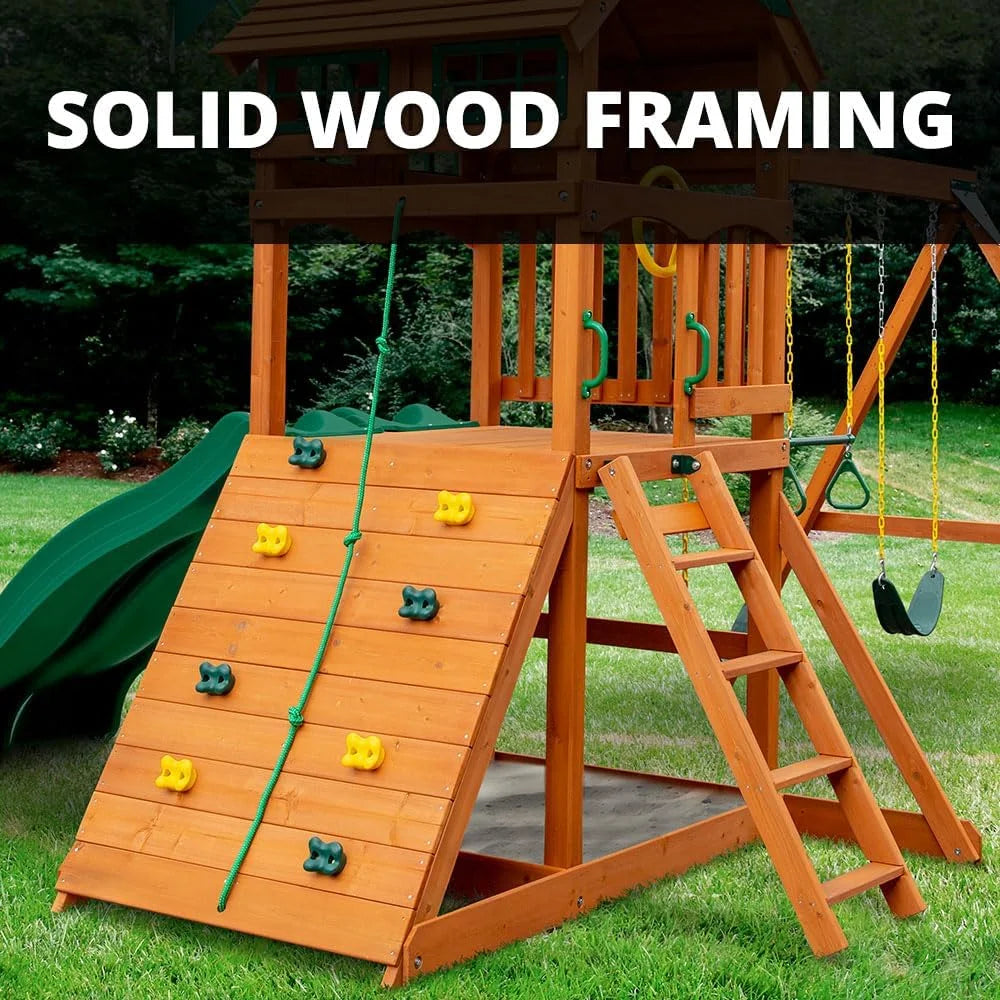 Gorilla Playsets 01-1075-Y Outing Wood Swing Set with Wood Roof and Twister Tube Slide - Yellow Slides, Amber