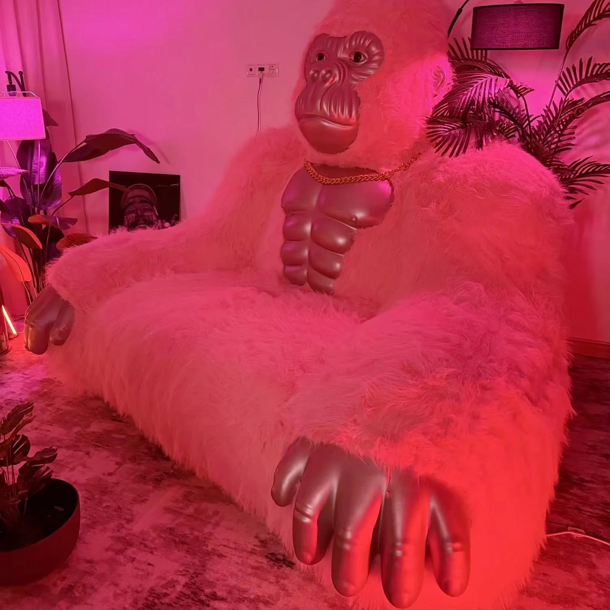 Giant Inflatable Gorilla Couch Blow Up Gorilla Sofa Furry Plush Orangutan Furniture for Lounging, Gaming or Movie Nights (Pink)