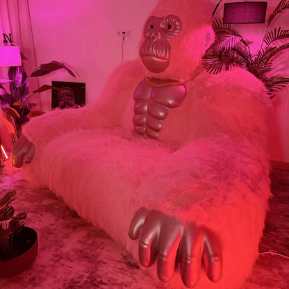 Giant Inflatable Gorilla Couch Blow Up Gorilla Sofa Furry Plush Orangutan Furniture for Lounging, Gaming or Movie Nights (Pink)