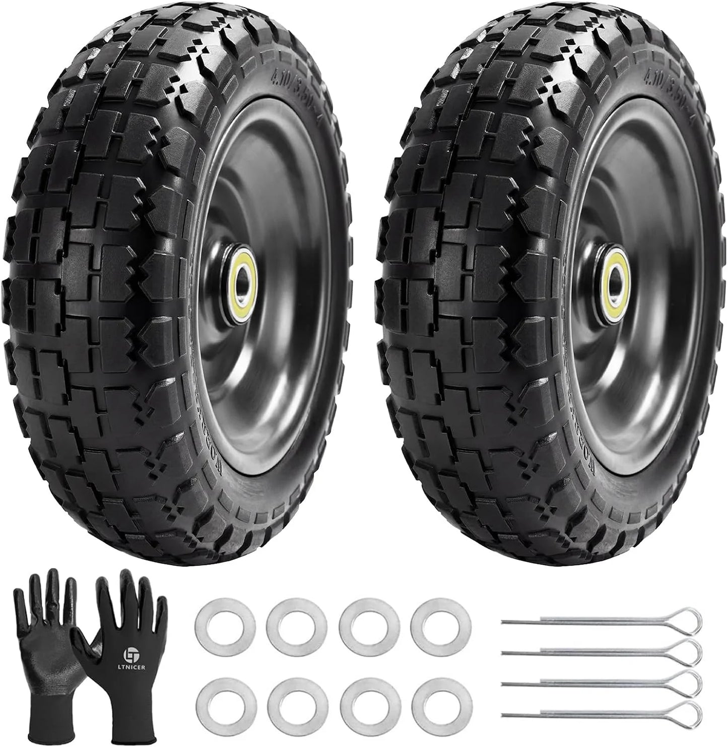 10" Flat Free Tires (4-Pack), 4.10/3.50-4 Solid Rubber Wheels for Gorilla Carts, Garden Wagons, Wheelbarrows & Utility Carts - 5/8" Axle Bore, 2.1" Offset Hub, Heavy Duty No-Flat Replacement