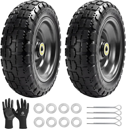 10" Flat Free Tires (4-Pack), 4.10/3.50-4 Solid Rubber Wheels for Gorilla Carts, Garden Wagons, Wheelbarrows & Utility Carts - 5/8" Axle Bore, 2.1" Offset Hub, Heavy Duty No-Flat Replacement
