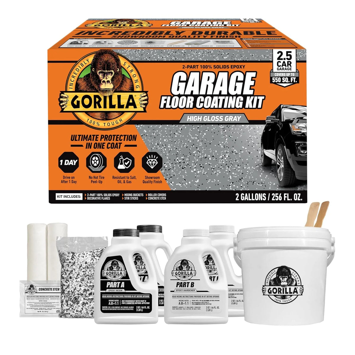 Gorilla Epoxy Garage Floor Coating Kit, 7 Pieces, 1-Car, Black Finish